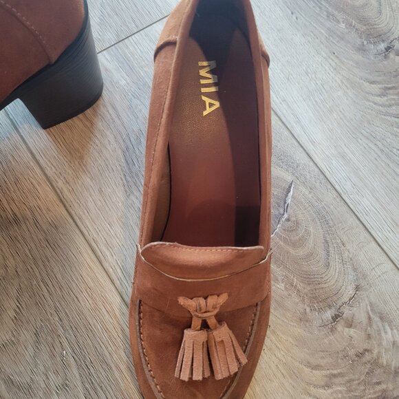 MIA Warm Brown Suede Tassel Heeled Platform Loafers Courts - Picture 3 of 5
